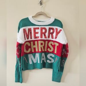 SOLD Festive Merry Christmas Sweater Green, Red, White, Gold Sequin Size Medium
